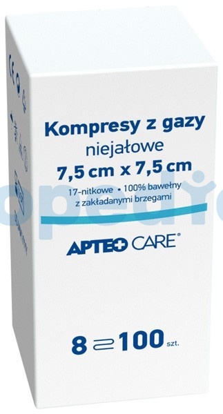 Kompresy niejałowe z gazy 7,5 cm x 7,5 cm APTEO CARE, 100 sztuk